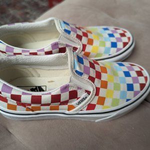 Vans rainbow checkerboard slide on sneakers, Kids size 1